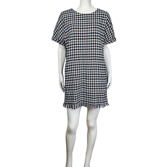S/M ZARA Tweed Boucle Dress in Houndstooth Check Pattern with Fringe Hem - Picture 4 of 9